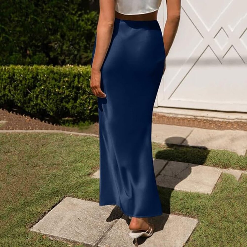 New Without Tags Royal Blue Satin Elastic High Waist Stretch Maxi Skirt  L/XL